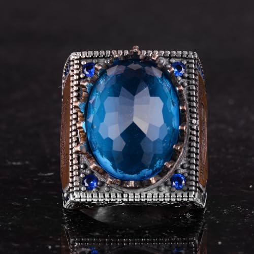 925 Ayar Gümüş İslami Yüzük, Artificial Taş Yüzük, El İşi Calligraphy Yüzük (Artificial Mavi Topaz)