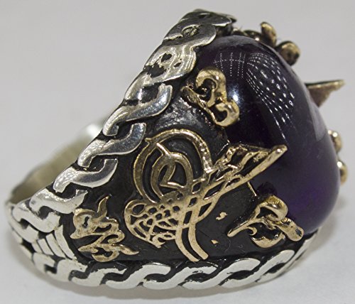 925 Ayar Gümüş Erkek Yüzük - Doğal Ametist Taş - Osmanlı Monogram Tasarım - Stylish El İşi Takı
