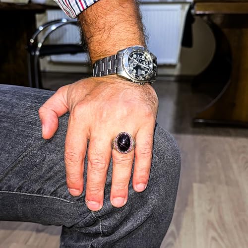 925 Ayar Gümüş Erkek Yüzük ile Doğal Yıldız Granat Taş - El İşi Expressive Takı, Hediye için Him