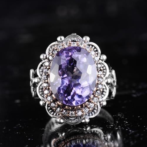 KAMBO Sertifikalı Alexandrite Kadın Yüzük - 925 Ayar Gümüş Vintage Çiçekli Yüzük - Kadınlar için El Yapımı Mor Taş Bildi