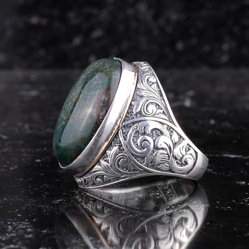 KAMBO Doğal Yeşil Kan Taşı Taşlı Büyük Yüzük Erkekler için - Oval Kabaşon Taşlı Vintage Çiçekli Kazınmış Bildirim Yüzüğü