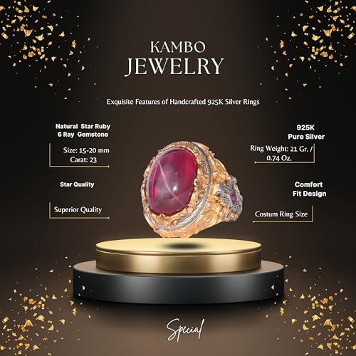 KAMBO Doğal Yıldız Yakut Taş Yüzük Erkekler için Gümüş Altın Kaplama 925 Ayar Gümüş Osmanlı Desen El Yapımı Bildirimi Yüzük Asterism Yakut - 4