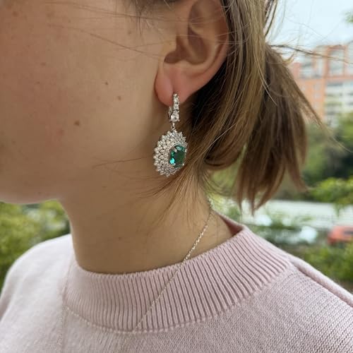 Yeşil Taşlı Kadın Küpe 925 Ayar Gümüş – Oval Halo Dangle Kadın Damla Küpe