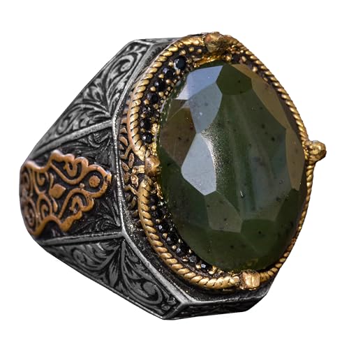 El İşi Vintage Tasarım Zümrüt Yüzük - 925 Ayar Gümüş Erkek Yüzük ile Altın Details (Yeşim)