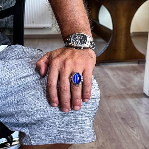 925 Ayar Gümüş Erkek Yüzük, Mavi Cat Eye Taş, El İşi Vintage Tasarım Yüzük