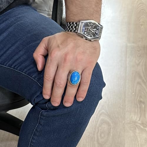 KAMBO Sentetik Taş Yüzük, 925 Ayar Gümüş Erkek Yüzük, Büyük Yüzük (Turkuaz Sentetik Taş)