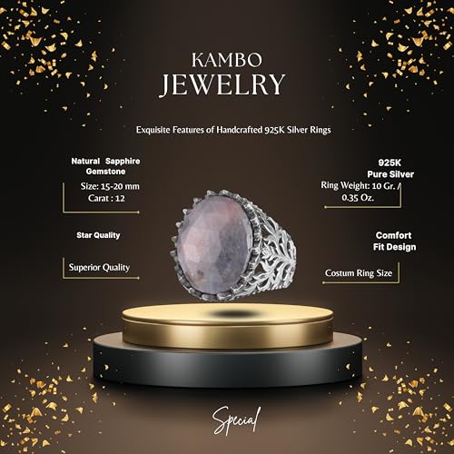 KAMBO Doğal Safir Taş Erkek Yüzük 925 Ayar Gümüş El Yapımı Oval Kesim Bildiri Yüzüğü