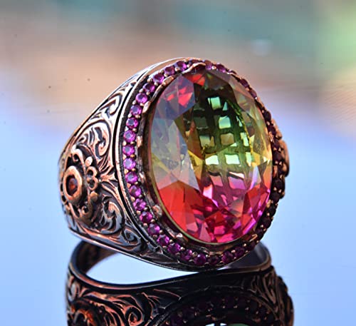 925 Ayar Gümüş King Yüzük - Multi-Colored Artificial Taş - El İşi Erkek Takı