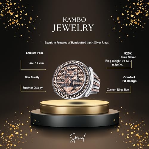 KAMBO Bronz Detaylı 925 Ayar Gümüş Erkek Yüzük El Yapımı Vintage Sembolik Bildirim Yüzüğü (Kurt Kafası)