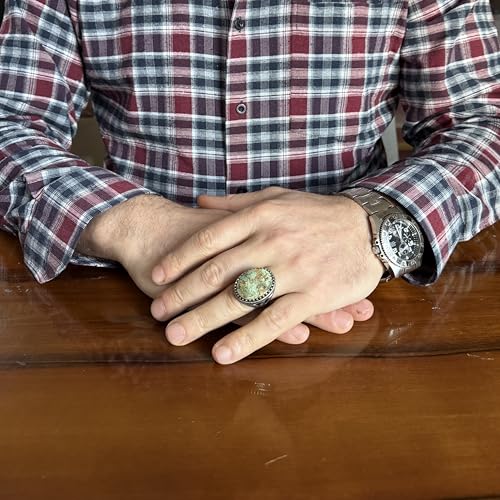 KAMBO Doğal Turkuaz Taşlı Büyük Erkek Yüzük 925 Ayar Gümüş Oval Kabaşon Osmanlı Tuğra İşlemeli El Yapımı Bildiri Yüzüğü (Turkuaz-3) - 6