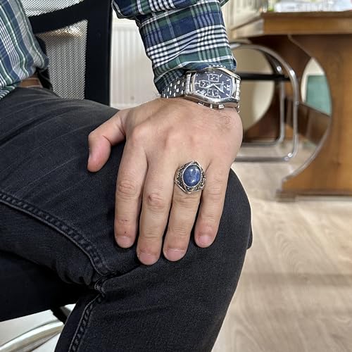 Doğal Kyanite Yüzük, El İşi Gümüş Erkek Yüzük