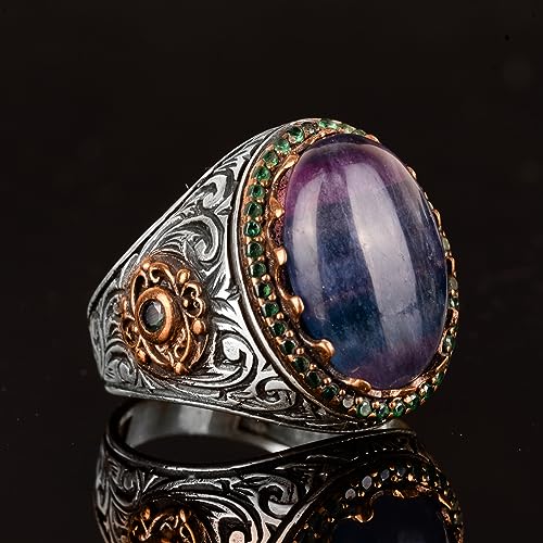 King Yüzük, Doğal Fluorite Taş Yüzük, 925 Ayar Gümüş