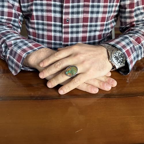 KAMBO Doğal Turkuaz Taşlı Büyük Erkek Yüzük 925 Ayar Gümüş Oval Kabaşon Osmanlı Tuğra İşlemeli El Yapımı Bildiri Yüzüğü (Turkuaz-2) - 6