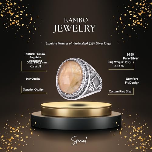 Doğal Safir Taşlı Erkek Yüzük 925 Ayar Gümüş Dişli Çerçeve Siyah Taş Halo El Yapımı Bildiri Yüzüğü (Sarı Safir)