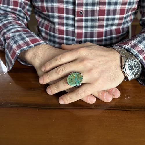 KAMBO Doğal Turkuaz Taş Büyük Yüzük Erkekler için 925 Ayar Gümüş El Yapımı Vintage Desen Bildirimi Yüzük - 6