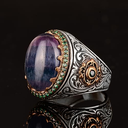 King Yüzük, Doğal Fluorite Taş Yüzük, 925 Ayar Gümüş