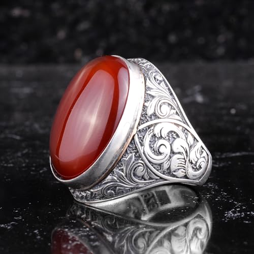 KAMBO Doğal Kırmızı Akik Erkekler için Büyük Yüzük - Oval Cabochon Taşlı Vintage Kazınmış Bildiri Yüzüğü - 925 Ayar Gümü