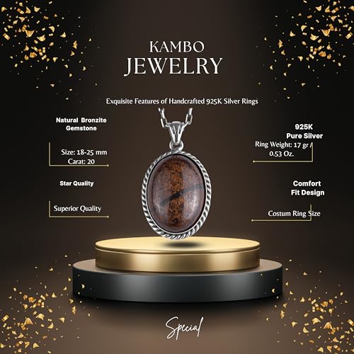 KAMBO Doğal Taşlı Zincirli Unisex Kolye 925 Ayar Gümüş – El Yapımı Oval Açıklama Kolye (Bronzit) - 4