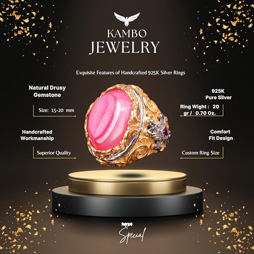 Gümüş Erkek Yüzük - Altın Kaplama, Gerçek Kristal Druzy Kuvars Pembe Doğal Taş
