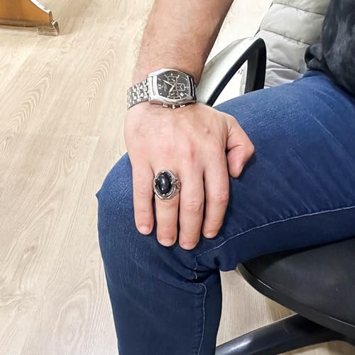 Mavi Güneş Taş Artificial Değerli Taş Yüzük, 925 Ayar Gümüş Erkek Yüzük, Stylish El İşi Gümüş Yüzük