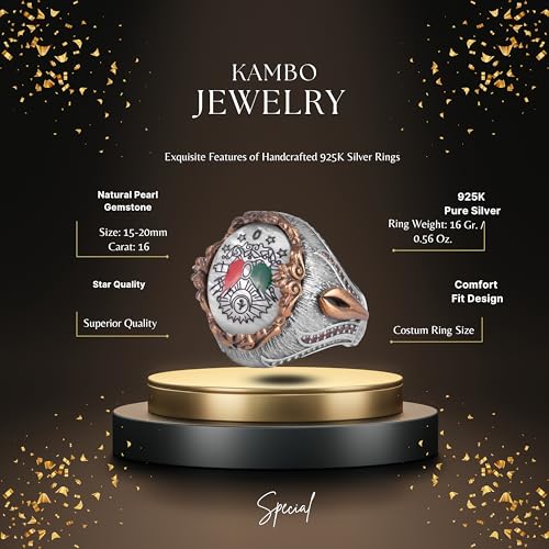 KAMBO Doğal İnci Taşlı Osmanlı Arması Erkek Yüzük Bronz Çerçeveli 925 Ayar Gümüş Yıldız Bayrak Motifli El Yapımı Yüzük - 4