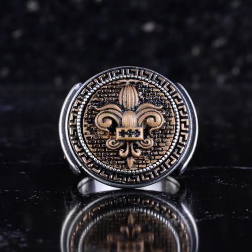 KAMBO Bronz Detaylı 925 Ayar Gümüş Erkek Yüzük El Yapımı Vintage Sembolik Bildirim Yüzüğü (Fleur De Lis)