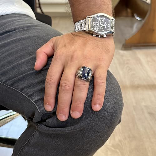 Doğal Safir Taş Yüzük, Rectangular Tasarım - 925 Ayar Gümüş Erkek Yüzük, El İşi Zariflik