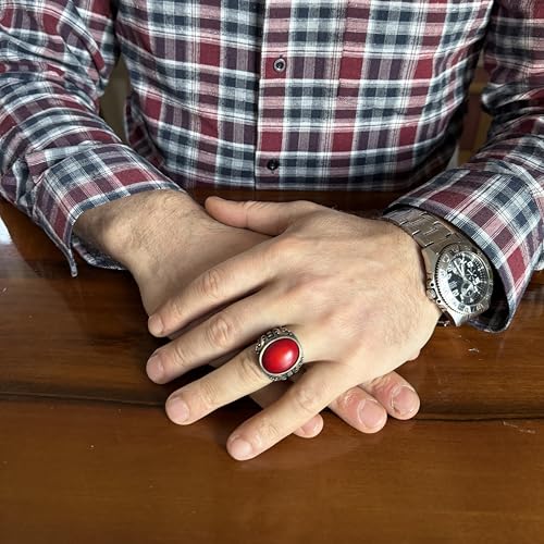KAMBO Doğal Kırmızı Mercan Taş erkek Yüzük 925 Ayar Gümüş Oval Cabochon Osmanlı Tarzı Bronz Ton El Yapımı Yüzük - 6