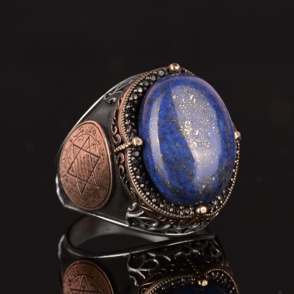 Doğal Lapis Lazuli Taşlı Süleyman Mührü Yüzük - 925 Ayar Masif Gümüş Erkek Yüzük - Bilgelik ve Hakikat Tasarımı