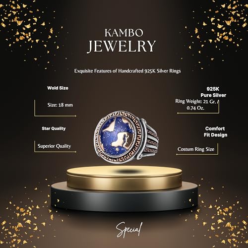 KAMBO Dünya Haritası Erkek Yüzük Bronz Detaylar ile 925 Ayar Gümüş Mavi Emaye Küre Tasarım El Yapımı Bildiri Yüzüğü - 4