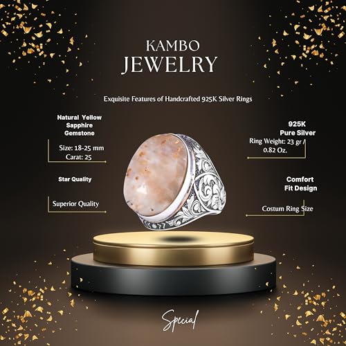 KAMBO Doğal Sarı Safir Taşlı Büyük Yüzük Erkekler için - Yönlü Oval Taş Vintage Kazınmış Bildiri Yüzüğü - 925 Ayar Gümüş