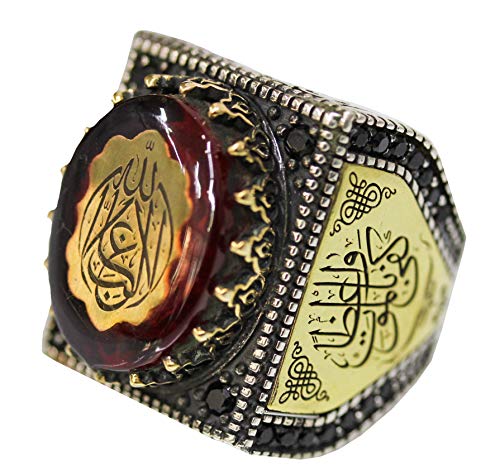 Erkek Gümüş Yüzük, mosque Oymalı Yüzük, amber Taş, İslami Yüzük