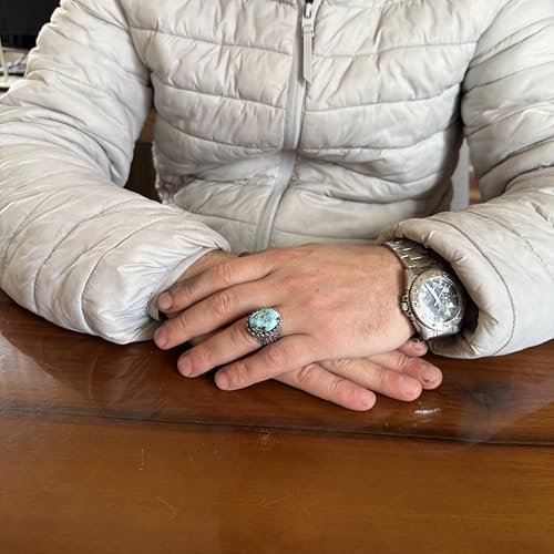 KAMBO Doğal Turkuaz Taşlı Erkek Yüzük 925 Ayar Gümüş Örümcek Ağı Desen Oval Cabochon Vintage El Yapımı Bildiri Yüzüğü (T