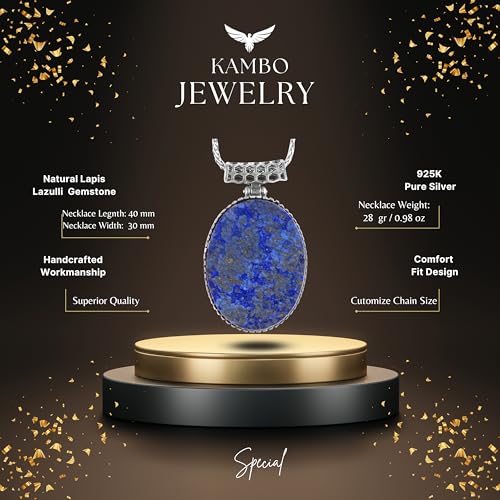 KAMBO Doğal Taşlı Zincirli Erkek Kolye 925 Ayar Gümüş – Oval Taşlı Kolye Büyük Kolye (Lapis Lazuli) - 4