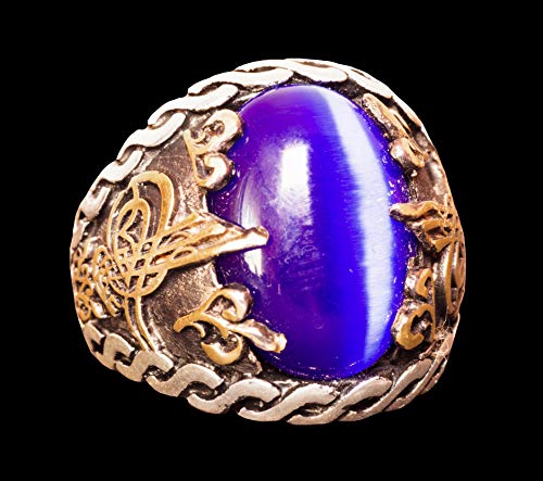 925 Ayar Gümüş Erkek Yüzük - Osmanlı Empire Tughra Tasarım ile Mavi Tiger Eye Taş
