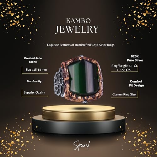 Kambo El İşçiliği 925 Ayar Gümüş Erkek Yüzük - Sentetik Yeşim Taşlı