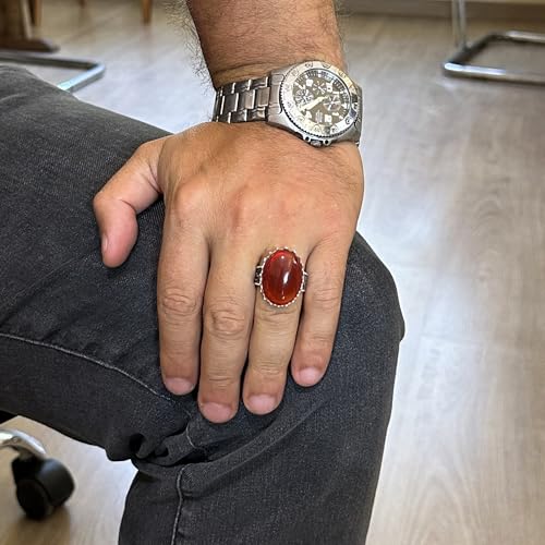 Doğal Kırmızı Akik Yüzük - 925 Ayar Gümüş El İşi Yüzük