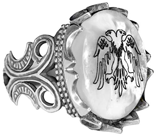 925 Ayar Gümüş Erkek Yüzük - 5.30 Carat Doğal İnci Taş, Double Headed Kartal Tasarım