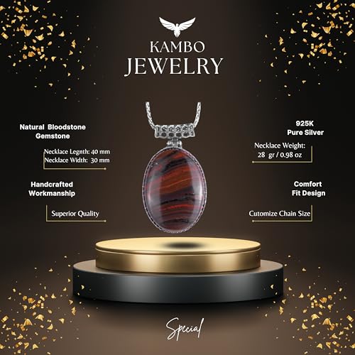 KAMBO Doğal Taşlı Zincirli Erkek Kolye 925 Ayar Gümüş – Oval Taşlı Kolye Büyük Kolye (Kan Taşı) - 4