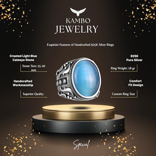925 Ayar Gümüş Yüzük, Tasarım Gümüş Erkek Yüzük (Artificial Light Mavi Cat's Eye Taş)