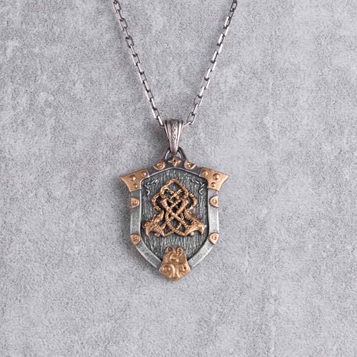 KAMBO Erkekler için 925 Ayar Gümüş Viking Kalkanı Kolye Kolye – İkiz Ejderha Düğüm Muska – İskandinav Mitolojisinde Koru