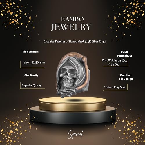 KAMBO 925 Ayar Gümüş Ölüm Meleği Kafatası Yüzük – Gotik Erkek Gümüş Yüzük – El Yapımı Motorcu Takısı – İskelet Kapşonlu