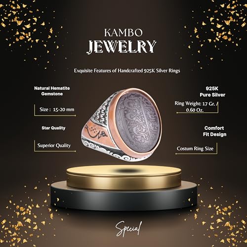 925 Ayar Gümüş Erkek Yüzüğü – Otantik Model, Arapça Hat Sanatı ve Kahverengi Doğal Taş