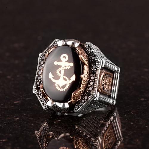 925 Ayar Gümüş Erkek Yüzük - Çapa Yüzük - Captain Denizci Yüzük - Marine Themed Takı