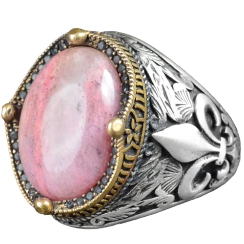 Lily Patterned Gümüş Yüzük - 925 Ayar Gümüş El İşi Erkek Takı (Rhodonite)
