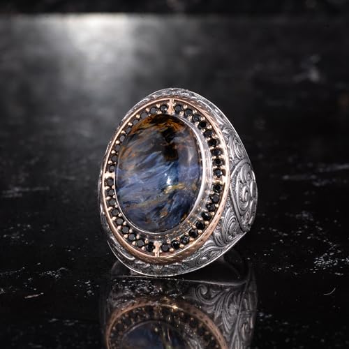 Erkekler için Doğal Taşlı Büyük Yüzük – Oval Taşlı Vintage Bizans Kazınmış Bildiri Yüzüğü-Antik Telkari 925 Ayar Gümüş T
