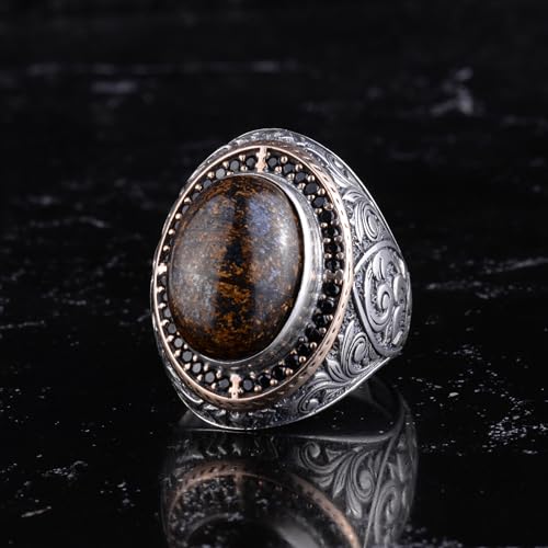 Doğal Taşlı Erkek Büyük Yüzük – Oval Taşlı Vintage Bizans İşlemeli Bildiri Yüzüğü-Antik Telkari 925 Ayar Gümüş Takı (Bro