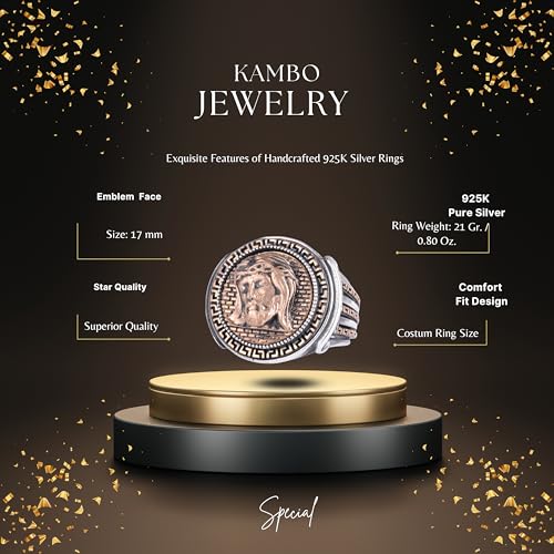 KAMBO 925 Ayar Gümüş Erkek Yüzük Bronz Detaylı El Yapımı Vintage Sembolik Bildirim Yüzüğü (İsa Yüzü)