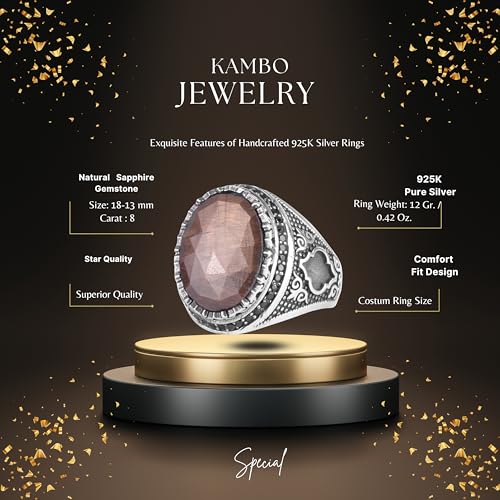 Doğal Safir Taşlı Erkek Yüzük 925 Ayar Gümüş Dişli Çerçeve Siyah Taş Halo El Yapımı Bildiri Yüzüğü (Kahverengi Safir-1) - 3