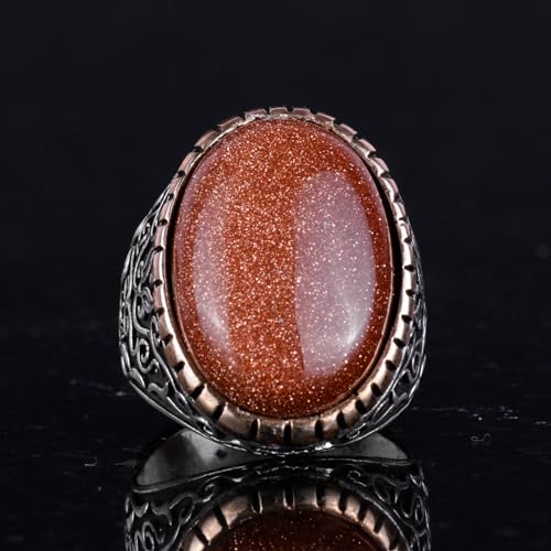Artificial Taş Yüzük, 925 Ayar Gümüş Erkek Yüzük, Big Yüzük (Kahverengi Sunstone Artificial Taş)
